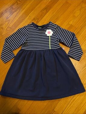 Y2K Gymboree Girl 6 Navy & White Striped Long-Sleeve Dress with Flower Appliqué